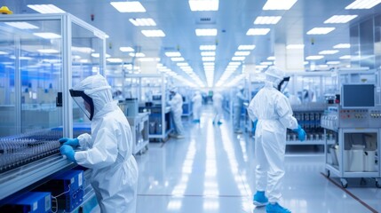 Expert scientists in cleanroom suits conducting research in a modern, high-tech lab environment...