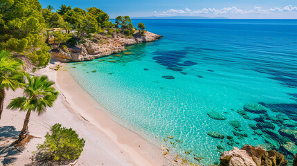 Summer seascape with crystal clear blue water beach from aerial view