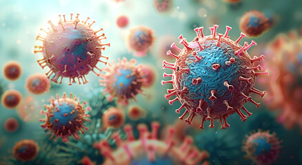 3D illustration of viruses resembling coronavirus, with spike proteins, on a microscopic level, vibrant colors. - obrazy, fototapety, plakaty