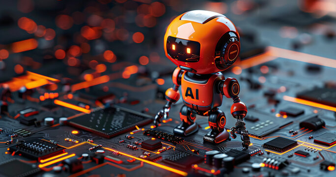 Futuristic AI robot on a circuit board, representing advanced technology and artificial intelligence concepts.