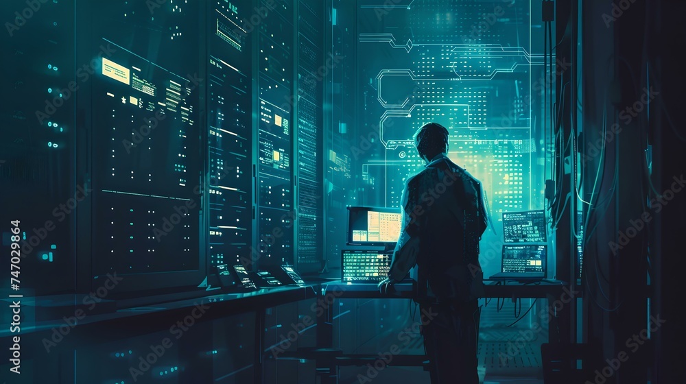 Poster futuristic cyber security expert monitoring network activity. silhouette of man in a high-tech envir