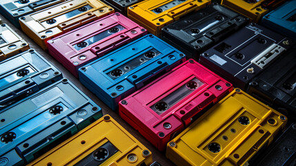 a collection of colorful cassette tapes from the 1980s, neatly arranged, bright overhead lighting, retro vibe - obrazy, fototapety, plakaty