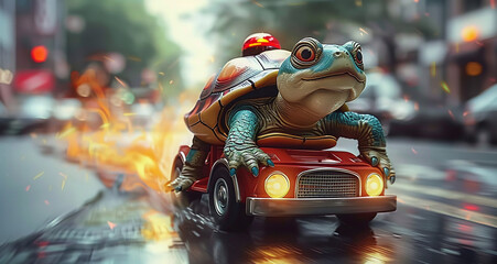 Fantasy illustration of a frog driving a miniature vintage car with rocket boosters on a city street, conveying speed and humor. - Powered by Adobe