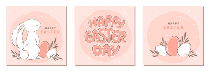 Happy Easter. Set of cute greeting cards, posters with Easter rabbit, egg and spring plants in pastel colors. Vector illustration
