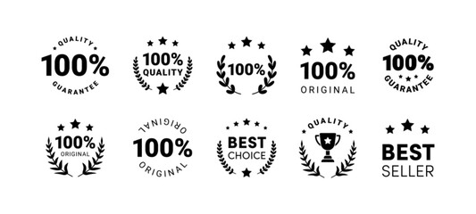 Premium quality product labels set. Round quality product guarantee logo collection. Black circle badge icon with 100 percent symbol, stars. Vector illustration for sticker, logo, certificate, ad.