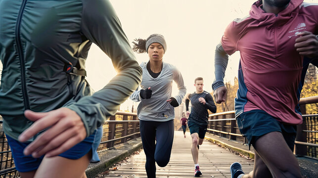 Group of young people in sports clothing jogging together outdoors. AI Generated.