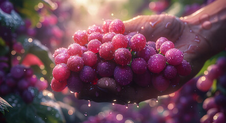 Hand holding fresh, ripe grapes with water droplets, backlit by warm sunlight in a vineyard. - obrazy, fototapety, plakaty