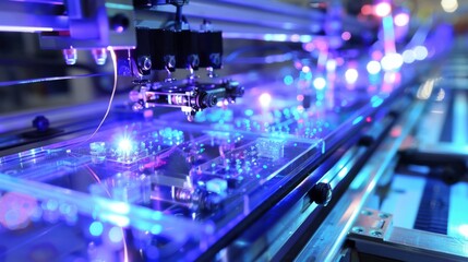 Close-up view of an automated machine working in a factory, featuring leading-edge technology with bright lights and precision.