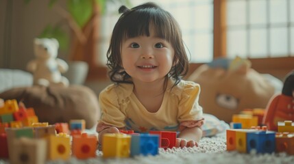 Fototapeta premium Asian girl playing colorful jigsaw puzzles in the shape of a house