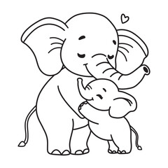 Line art of mother elephant hugging her kid cartoon vector