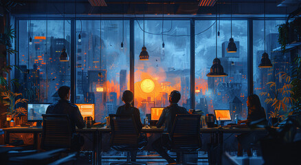 Obraz premium Silhouetted team working late in an office with a cityscape view at sunset, illuminated by warm light.