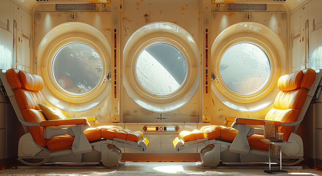 Futuristic spaceship interior with two orange chairs facing large porthole windows showing outer space.