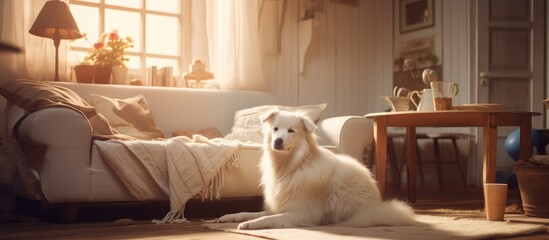 A white dog is seated on the floor of a cozy living room, showcasing a modern loft-style interior design. The dog is calmly resting, adding warmth to the room.
