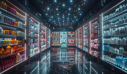 Modern pharmacy interior with illuminated shelves and a futuristic design.
