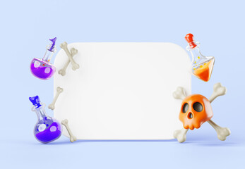 Halloween 3d diploma, blank white certificate of education in magic alchemy school for magician, wizard. Award frame template with potion bottles, skull with crossbones on background. 3D illustration