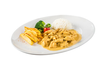 Chicken Curry Sauce. Served with rice. white background