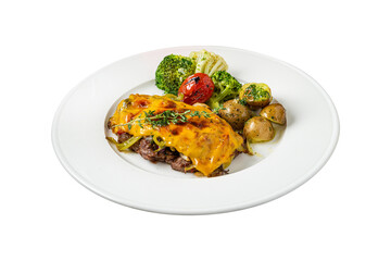 Cheddar cheese beefsteak with potatoes and broccoli on white background