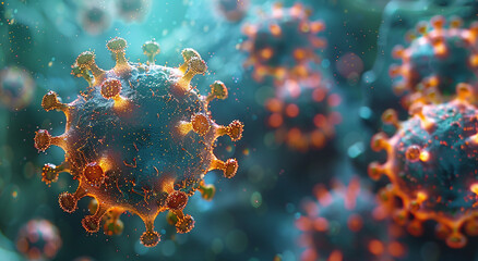 3D illustration of viruses with detailed surface structures, against a blue background,...