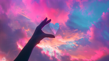 Silhouette hand in heart shape on colorful sky.