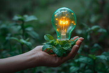 Green Light Bulb Held in Hand with Blurred Background