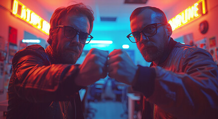 Two men in a neon-lit room giving a fist bump.