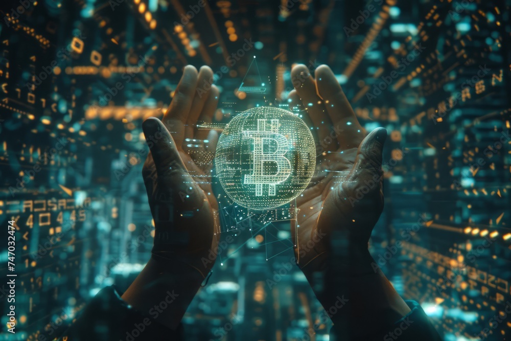 Poster a pair of hands holding an illuminated bitcoin symbol with a digital data background.