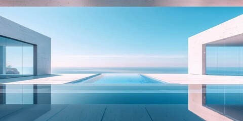 Vacation Home.exterior of contemporary residence with furniture illuminated with lights located close to sea against blue cloudy sky