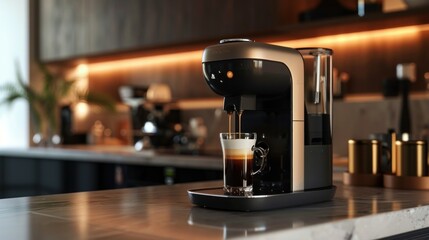 Modern coffee machine pouring milk into glass cup on countertop in kitchen - 747032482