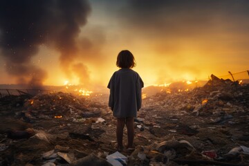 
A child stands facing away from the camera, gazing towards the landfill with a sense of wonder