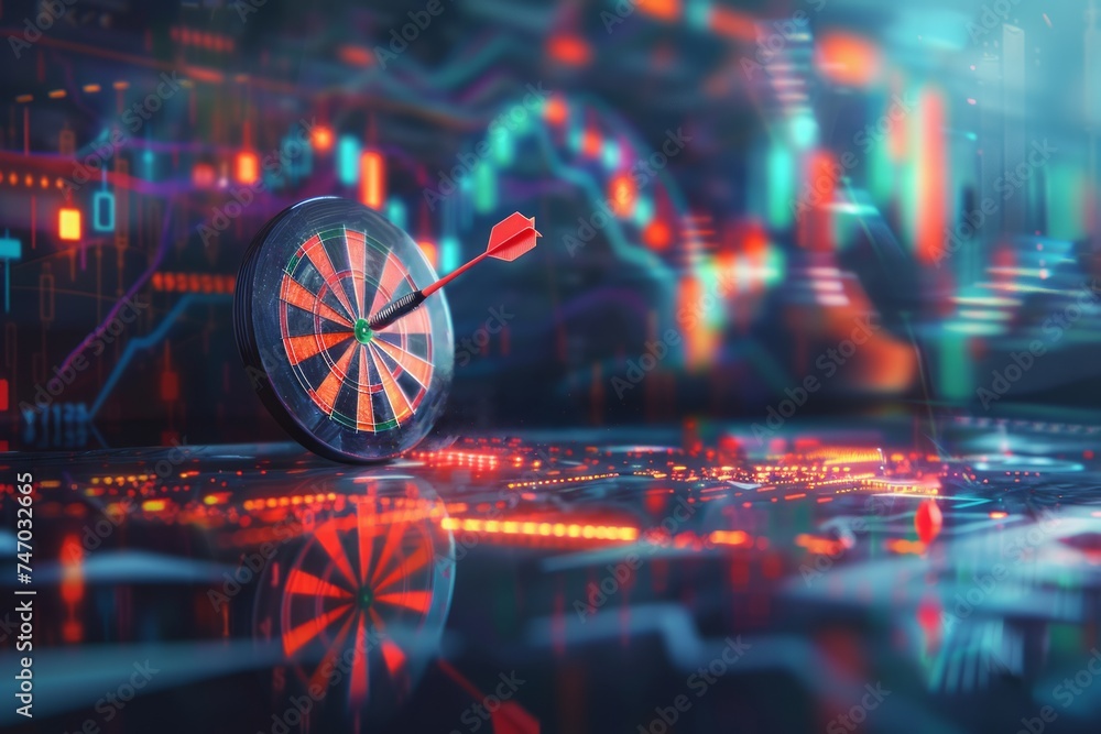 Poster dartboard with a dart in the bullseye, against a backdrop of digital financial graphs and data.