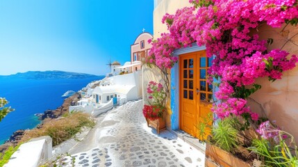 Colorful pretty pink Bougainvillea blooming with white and yellow buildings