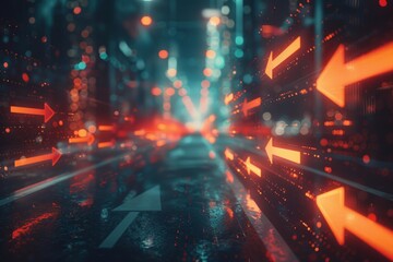 Futuristic city street with neon directional arrows.