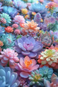 A digitally-rendered image of a succulent garden with soft pastel colors and a 3D effect for a tranquil vibe