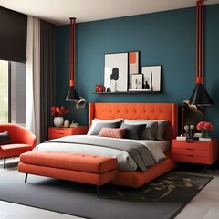 Design a modern bedroom with sleek furniture and bold accent colors 