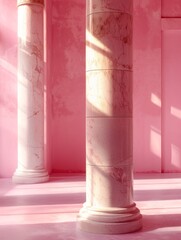 Soft sunlight casting gentle shadows on elegant pink marble columns, creating a tranquil ambiance