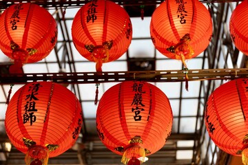 Riufang, Taiwan, 13 february 2024. Rows of chinese red lanterns inside the city temple. Religion symbol.