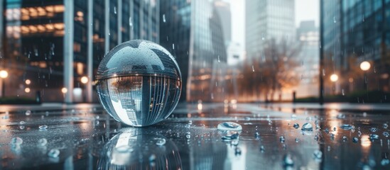 A glass ball sits on top of a wet floor, reflecting a modern office building in the city. Raindrops cover the surface, creating a shimmering effect. - obrazy, fototapety, plakaty