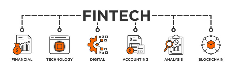 Fintech banner web icon illustration concept with icon of financial, technology, digital, accounting, analysis and blockchain