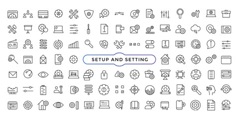 Setting and setup line icons collection. Operation, gear, processing, tools icons. Thin outline icons pack. UI icon set.