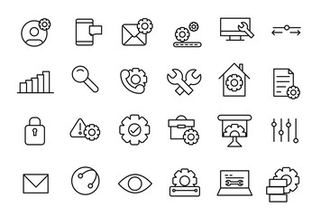 Setting and setup line icons collection. Operation, gear, processing, tools icons. Thin outline icons pack. UI icon set.
