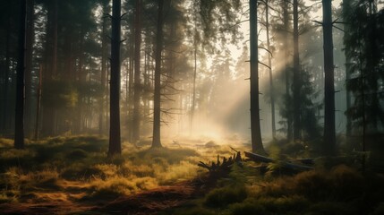 Mystical Morning in the Forest Sunlight Filtering Through Mist and Trees