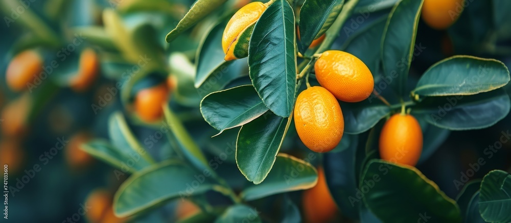 Wall mural A close up of ripe Rangpur fruits growing on a Citrus tree. Citrus fruits like Tangerine and Tangelo are staples in natural foods.