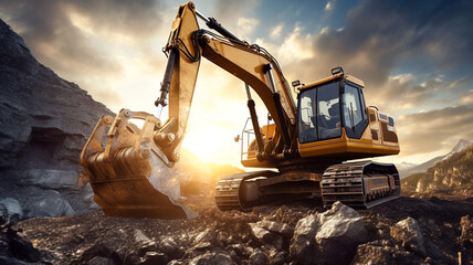 Crawler excavator during earthmoving works. Heavy construction hydraulic equipment. 
 - obrazy, fototapety, plakaty