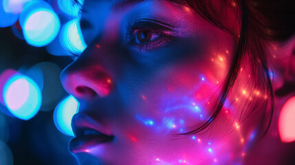 Woman's face illuminated by neon lights.