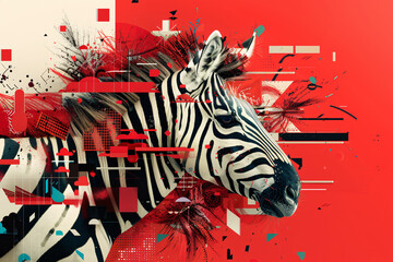 Zebra Portrait with Abstract Red Geometric Patterns
