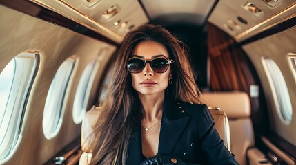 businesswoman wearing sunglasses in luxury private jet plane