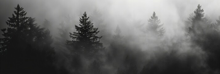 fog in the forest, aerial view with some coniferous trees