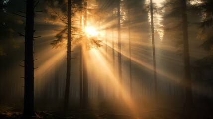 Mystical Sunbeams Piercing Through Misty Forest Trees