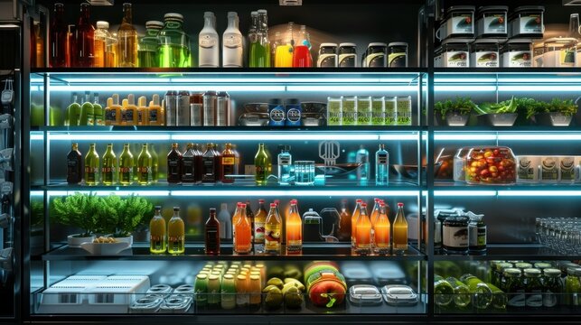 Refrigerators different types of supermarket fledges photo, mock-up, planogram. Suitable for presenting new products, interior design and retail design presentation