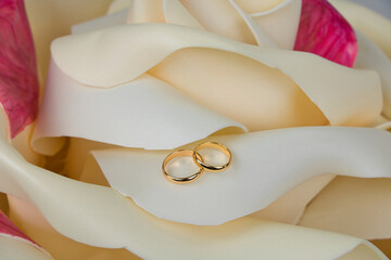 Wedding gold rings lie on the petal of a light yellow artificial rose.